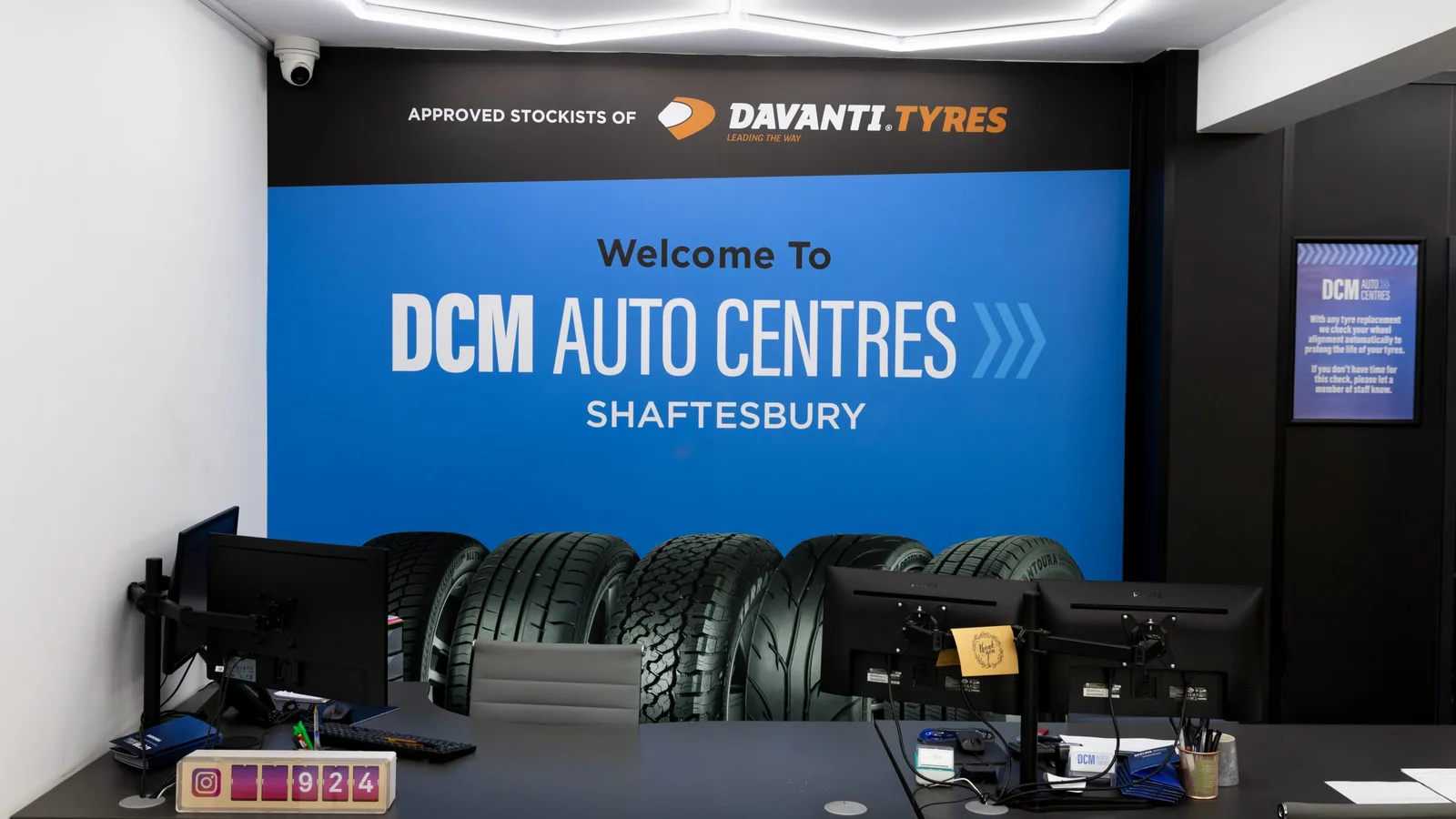The reception desk and tyre display at DCM Autocentres Shaftesbury