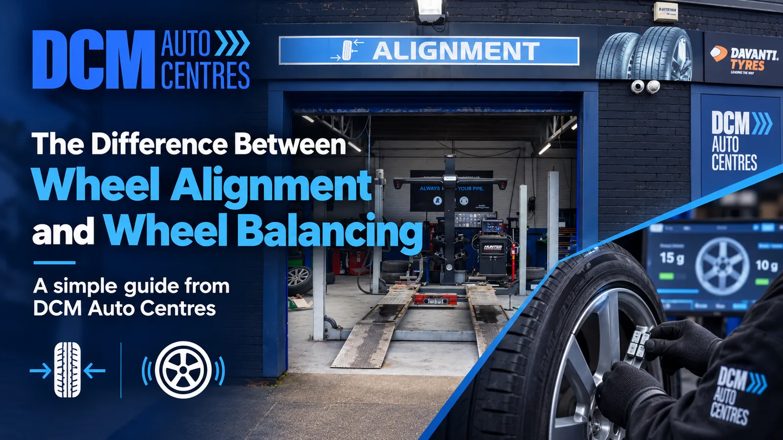 A DCM Autocentres wheel alignment bay with its ramps and alignment rig, beside a technician fitting balancing weights to an alloy wheel